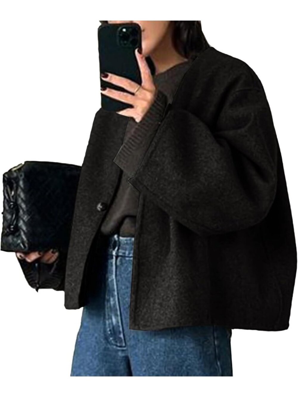 Women's Black Cropped Wool Blend Short Collarless Long Sleeve Fall Pea Overcoat